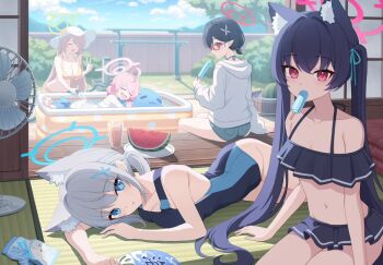 5girls animal_ear_fluff animal_ears architecture ayane_(blue_archive) ayane_(swimsuit)_(blue_archive) bikini bikini_skirt black_bikini black_one-piece_swimsuit blue_archive cat_ears chelly_(glisten_chelly) competition_swimsuit cross_hair_ornament east_asian_architecture extra_ears flower food food_in_mouth foreclosure_task_force_(blue_archive) frilled_bikini frills front-tie_bikini_top front-tie_top fruit green_halo hair_ornament halo hat hat_flower holding holding_food holding_popsicle hoshino_(blue_archive) hoshino_(swimsuit)_(blue_archive) inflatable_toy inflatable_whale long_hair looking_at_viewer low_ponytail low_twintails multicolored_swimsuit multiple_girls nonomi_(blue_archive) nonomi_(swimsuit)_(blue_archive) off-shoulder_bikini off_shoulder official_alternate_costume one-piece_swimsuit open_door pink_halo ponytail popsicle popsicle_in_mouth porch red_halo serika_(blue_archive) serika_(swimsuit)_(blue_archive) shiroko_(blue_archive) shiroko_(swimsuit)_(blue_archive) sitting sliding_doors string_bikini sun_hat swimsuit twintails two-tone_swimsuit veranda watermelon white_bikini white_hat wolf_ears wooden_floor yellow_bikini