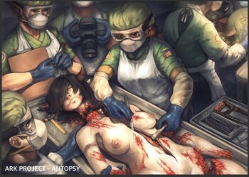3girls 4boys autopsy black_hair blood border breasts brown_hair brown_horns camera closed_eyes closed_mouth commentary completely_nude corpse cowboy_shot death dissection doctor english_commentary goggles grey_border guro hacksaw holding holding_scalpel horns long_hair mask medical medical_scrubs medium_breasts mouth_mask multiple_boys multiple_girls nipples nude original pointy_ears puchirisu ruler saw scalpel severed_arm severed_head severed_leg severed_limb short_hair surgeon surgery surgical_cap surgical_mask tagme