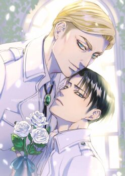 2boys absurdres black_hair blonde_hair blue_eyes bolo_tie bouquet church closed_mouth collared_shirt erwin_smith flower gem green_gemstone highres holding holding_bouquet jacket levi_(shingeki_no_kyojin) light_smile male_focus mskei multiple_boys parted_lips rose shingeki_no_kyojin shirt short_hair swept_bangs thick_eyebrows twitter_username upper_body white_flower white_jacket white_rose white_shirt yaoi