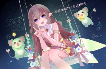 1girl absurdres armlet bare_shoulders blue_flower brown_dress brown_hair clover_earrings commentary_request commission dress flower four-leaf_clover_earrings gold_armlet heart heart-shaped_pupils highres index_fingers_raised indie_virtual_youtuber jewelry long_hair looking_at_viewer multicolored_dress nagisa_(vtuber) on_swing open_mouth pointy_ears purple_eyes purple_flower red666 red_flower second-party_source sitting sleeveless sleeveless_dress smile solo star_(symbol) swing symbol-shaped_pupils virtual_youtuber white_dress white_flower