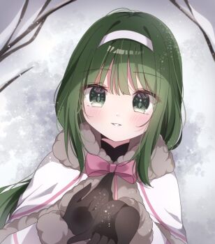 1girl adapted_costume assault_lily black_gloves blush bow bowtie branch capelet commentary_request commission fur-trimmed_capelet fur-trimmed_sleeves fur_trim gloves green_eyes green_hair hairband hand_on_own_chest hands_up hasebe_touka jacket long_hair looking_at_viewer lying mi_(unjour) on_back on_ground open_hand outdoors parted_lips pink_bow pink_bowtie second-party_source skeb_commission smile snow snowing solo upper_body white_capelet white_hairband white_jacket