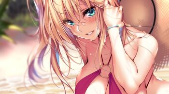 Rule 34 | 1girl, aqua eyes, bare shoulders, bikini, blonde hair, blurry, blurry background, blush, bracelet, breasts, character request, cleavage, collarbone, commentary request, copyright request, cropped, eyes visible through hair, hair between eyes, hand in own hair, hand up, hat, jewelry, large breasts, leaning forward, long hair, looking at viewer, o-ring, o-ring bikini, outdoors, piromizu, purple bikini, smile, solo, straw hat, swimsuit, wet, wet hair