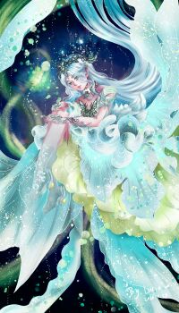 1girl absurdly_long_hair absurdres blue_dress butterfly_brooch butterfly_choker butterfly_hair_ornament chinese_commentary circlet colored_extremities colored_skin commentary_request dated dress expressionless fairy fetal_position floating floating_hair flower_dress forest_ripple_(infinity_nikki) full_body green_eyes grey_skin hair_floating_upwards hair_ornament highres hugging_own_legs infinity_nikki jewelry light_particles lips long_dress long_hair night nikki_(series) outdoors parted_lips ranqixiaoqingtiany signature solo very_long_hair white_hair