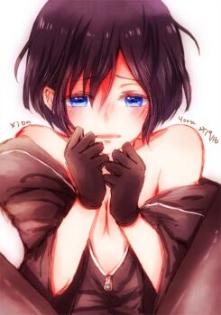 1girl black_hair blue_eyes blush breasts coat gloves jacket kingdom_hearts short_hair xion xion_(kingdom_hearts)