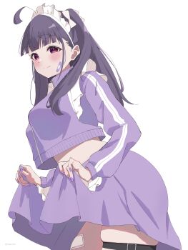 1girl absurdres ahoge amano_lier bandaid bandaid_on_cheek bandaid_on_face black_hair blunt_bangs breasts chofu_noriko commentary_request cowboy_shot crop_top crop_top_overhang cropped_jacket gauze gauze_on_leg highres ikizulive!_love_live!_bluebird jacket jersey_maid large_breasts long_hair long_sleeves love_live! maid miniskirt nervous_smile pink_eyes purple_jacket purple_skirt raised_inner_eyebrows sidelocks skindentation skirt smile solo thick_eyebrows thigh_strap track_jacket two_side_up unconventional_maid