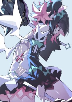 Rule 34 | 1girl, absurdres, ass, backless dress, backless outfit, bare shoulders, black hair, blue background, bow, closed mouth, colored inner hair, cowboy shot, detached sleeves, dress, dual wielding, from side, fur-trimmed sleeves, fur trim, green bow, hair bow, hashtag-only commentary, highres, holding, holding mace, holding weapon, its2h35, looking at viewer, mace, multicolored hair, multiple hair bows, nangong yu, red eyes, scar, scar on back, short twintails, sideways glance, simple background, sleeve bow, solo, twintails, weapon, white dress, white wings, wings, zenless zone zero