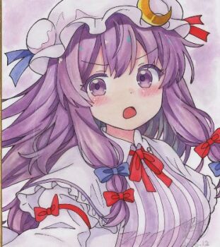 1girl blue_bow blush bow bowtie breasts capelet commentary_request crescent crescent_hat_ornament dated dress hair_bow hat hat_ornament hoshi_tea_party long_hair looking_at_viewer lowres mob_cap multiple_hair_bows open_mouth patchouli_knowledge purple_eyes purple_hair red_bow red_bowtie shikishi signature solo striped_clothes striped_dress touhou traditional_media vertical-striped_clothes vertical-striped_dress