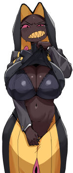 Rule 34 | absurdres, angry, badasengsu, black bra, black hair, blonde hair, bra, breasts, cleavage, clothes lift, coat, colored inner hair, colored sclera, commentary, dark-skinned female, dark skin, genderswap, genderswap (mtf), grey coat, hazbin hotel, hellaverse, highres, huge breasts, lace, lace-trimmed bra, lace trim, lamia, lifting own clothes, looking at viewer, midriff, monster girl, multicolored hair, red sclera, sharp teeth, shirt lift, sir pentious, snake girl, tearing up, teeth, underwear, untranslatable commentary