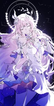 1girl absurdres bare_shoulders breasts closed_eyes closed_mouth commentary cyrene_(honkai:_star_rail) cyrene_(ripples_of_past_reverie)_(honkai:_star_rail) dress flower hair_flower hair_ornament halo highres honkai:_star_rail honkai_(series) long_hair medium_breasts multicolored_hair pink_hair sky smile solo sparrow4193941 star_(sky) starry_sky two-tone_hair very_long_hair white_dress white_hair