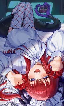 1girl blue_eyes blush breasts chain curled_horns dragon_horns dragon_tail dress elizabeth_bathory_(avenger)_(fate) elizabeth_bathory_(fate) fate/grand_order fate_(series) fishnet_pantyhose fishnets hair_ribbon highres horns long_hair long_sleeves looking_at_viewer lying on_back open_mouth pantyhose red_hair ribbon small_breasts smile solo suiete tail thighhighs two_side_up veil white_dress white_thighhighs