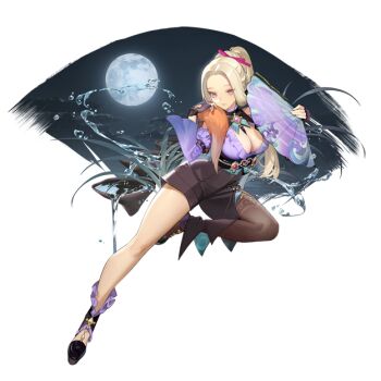 1girl blonde_hair breasts clean fingerless_gloves folding_fan full_body gloves hand_fan holding holding_fan hoyeon long_hair moon official_alternate_costume official_art purple_eyes purple_shirt second-party_source shirt shorts single_thighhigh solo thighhighs water yehara_(blade_&amp;_soul)
