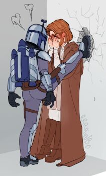 Rule 34 | 2boys, ass, beard, blush, boots, brown footwear, embarrassed, facial hair, foot kabedon, helmet, highres, jango fett, jedi, jetpack, kabedon, multiple boys, obi-wan kenobi, rrrainbo, star wars, star wars: attack of the clones, yaoi