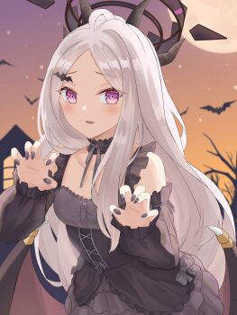 1girl ahoge akaya_(pixiv20545353) animal bare_tree bat_(animal) bat_hair_ornament black_dress black_nails blue_archive blush breasts claw_pose commentary_request dress fang frilled_dress frills full_moon grey_hair grey_skirt hair_ornament halo highres hina_(blue_archive) horns layered_skirt long_hair long_sleeves looking_at_viewer moon nail_polish outdoors parted_bangs parted_lips pleated_skirt puffy_long_sleeves puffy_sleeves purple_eyes single_hair_intake skirt sky sleeves_past_wrists small_breasts solo tree very_long_hair