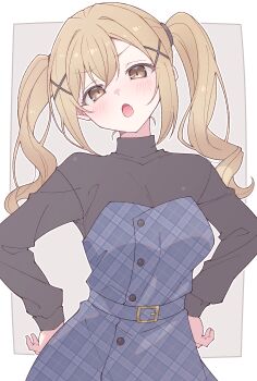 1girl bang_dream! belt black_shirt blue_belt blush border brown_eyes brown_hair commentary dress e20 hair_ornament hands_on_own_hips head_tilt highres ichigaya_arisa long_hair long_sleeves looking_at_viewer open_mouth outside_border plaid_belt plaid_clothes plaid_dress shirt solo twintails unmoving_pattern upper_body white_border x_hair_ornament
