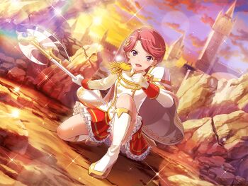 1girl armor boots cape castle epaulettes frilled_skirt frills game_cg gloves halberd holding holding_polearm holding_weapon isurugi_futaba jacket knee_boots kneeling long_sleeves looking_at_viewer official_art open_mouth polearm purple_eyes red_hair red_skirt rock short_hair shoujo_kageki_revue_starlight shoujo_kageki_revue_starlight_-re_live- shoulder_armor single_epaulette skirt solo v-shaped_eyebrows weapon white_boots white_cape white_gloves white_jacket
