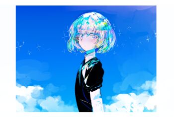1other blue_sky blush border closed_mouth cloud custom_(cus-tom) day diamond_(houseki_no_kuni) gem_uniform_(houseki_no_kuni) hair_between_eyes houseki_no_kuni looking_at_viewer multicolored_hair outdoors purple_eyes rainbow_hair short_hair sky solo sparkle upper_body white_border