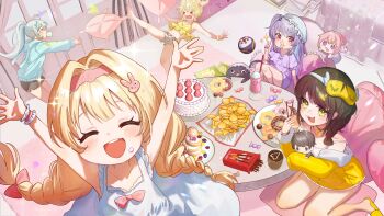 >_< 5girls absurdres blonde_hair blue_hair braid brown_hair cake character_doll character_name chime_(nikke) chips_(food) closed_eyes commander_(nikke) commentary_request crust_(nikke) doll donut doro_(nikke) dress epinel_(nikke) food goddess_of_victory:_nikke grey_hair highres jacket liter_(nikke) looking_at_viewer multiple_girls open_mouth picdung pillow pocky red_eyes rei_(nikke) shirt sleep_mask smile strawberry_shortcake teeth twin_braids upper_teeth_only white_dress white_shirt yellow_eyes yellow_jacket