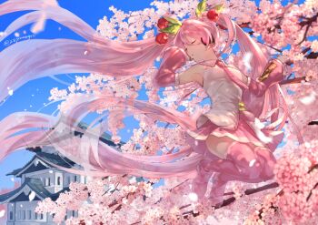 1girl 28yanagiii absurdly_long_hair architecture arm_up armpits boots breasts cherry_hair_ornament closed_eyes collared_shirt commentary_request detached_sleeves east_asian_architecture falling_petals flower food-themed_hair_ornament hair_between_eyes hair_ornament hatsune_miku headphones headset long_hair long_sleeves medium_breasts miniskirt necktie official_alternate_costume open_mouth outdoors petals pink_flower pink_necktie pink_petals pink_skirt pleated_skirt sakura_miku shirt skirt sleeveless sleeveless_shirt solo thigh_boots twintails very_long_hair vocaloid white_shirt wide_sleeves