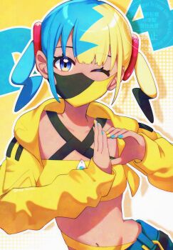 1girl bandeau belt black_belt blue_eyes blue_pants canari_(pokemon) commentary eyelashes hands_up highres jacket long_sleeves mask mouth_mask multicolored_hair nagi_(marthmoka) nail_polish navel nintendo one_eye_closed open_clothes open_jacket pants pokemon pokemon_legends:_z-a solo twintails yellow_bandeau yellow_jacket zipper_pull_tab