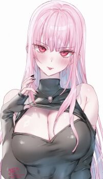 1girl absurdres artist_name bare_shoulders black_nails black_sweater blush breasts cleavage cleavage_cutout closed_mouth clothes_lift clothing_cutout commentary fingernails highres hololive hololive_english huge_breasts jewelry kamiya_maneki lifting_own_clothes long_hair long_sleeves looking_at_viewer mori_calliope nail_polish necklace pink_eyes pink_hair signature simple_background skull_necklace solo sweater sweater_lift symbol-only_commentary tongue tongue_out twitter_username virtual_youtuber white_background