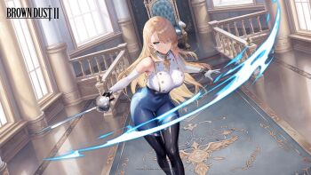 1girl absurdres armpits blonde_hair blue_eyes bodystocking breasts brown_dust_(series) brown_dust_2 covered_navel elbow_gloves full_body gloves hair_over_one_eye highres holding holding_sword holding_weapon large_breasts long_hair looking_at_viewer official_art palace rapier simple_background skin_tight solo standing sword weapon white_background white_gloves wide_hips wilhelmina_(brown_dust) wilhelmina_(iron_monarch)_(brown_dust)