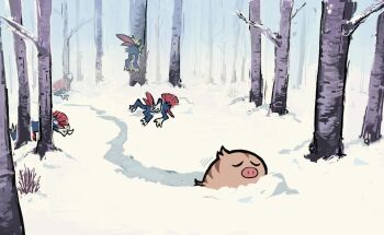 bare_tree family_guy_death_pose_(meme) gen_2_pokemon gen_4_pokemon guohoho lying meme motion_lines nintendo no_humans on_back outdoors pokemon pokemon_(creature) snow stuck_in_a_tree swinub tree weavile wide-eyed winter