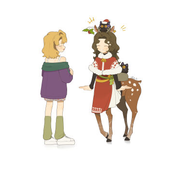 2girls ^_^ absurdres alternate_costume animal_ears antlers bare_shoulders blonde_hair blonney brown_hair capelet carbuncle_(reverse:1999) centauroid closed_eyes commentary creature creature_on_back creature_on_head crossed_arms daku_k deer_ears deer_girl deer_tail dress ear_tag english_commentary face-to-face facing_another fake_antlers from_behind full_body fur-trimmed_capelet fur_trim green_leg_warmers grin hat highres horns jacket jessica_(reverse:1999) leg_warmers medium_hair multiple_girls profile purple_jacket red_capelet red_dress red_hat reindeer_antlers reverse:1999 santa_costume santa_dress santa_hat shoes smile sneakers sweat tail taur white_background white_shoes