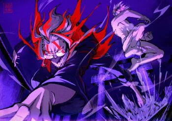 2boys barefoot black_jacket black_pants dandadan enjoji_jin evil_eye_(dandadan) facial_mark fighting_stance gakuran glasses glowing glowing_eyes hashtag-only_commentary highres jacket jumping kurotake_ihi looking_at_viewer male_focus male_underwear mask mouth_mask multicolored_hair multiple_boys pants possessed purple_eyes red_eyes red_hair round_eyewear school_uniform short_hair signature takakura_ken_(dandadan) takakura_ken_(transformed)_(dandadan) third_eye topless_male transformation two-tone_hair underwear white_male_underwear