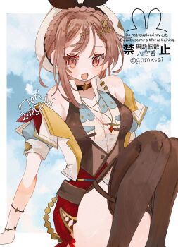 1girl :d artist_name atelier_(series) atelier_ryza atelier_ryza_3 black_thighhighs blue_sky border breasts brown_eyes brown_hair cleavage cloud commentary_request dated hair_ornament hairclip han_(hn-khk) hat highres long_hair looking_at_viewer medium_breasts open_mouth outside_border reisalin_stout sitting sky smile solo thighhighs twitter_username watermark white_border white_hat