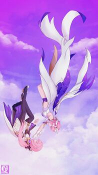 2girls absurdres black_boots black_shrug boots breasts cape catching chailanyiqi chinese_commentary cloud commentary_request corset dual_persona elysia_(herrscher_of_human:_ego)_(honkai_impact) elysia_(honkai_impact) elysia_(miss_pink_elf)_(honkai_impact) gloves highres honkai_(series) honkai_impact_3rd long_hair medium_breasts midair multiple_girls pink_hair purple_eyes purple_sky short_hair shrug_(clothing) sky upside-down very_long_hair white_corset white_gloves