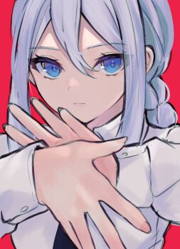 Rule 34 | 1girl, absurdres, alternate hairstyle, black necktie, blue eyes, blue hair, braid, braided ponytail, chainsaw man, closed mouth, collared shirt, commentary request, cosplay, double-parted bangs, film grain, fingernails, genmai komeko, hair between eyes, hands up, highres, light frown, long hair, long sleeves, looking at viewer, makima (chainsaw man), makima (chainsaw man) (cosplay), necktie, project sekai, red background, shirt, sidelocks, simple background, single braid, solo, upper body, upturned eyes, voice actor connection, white shirt, yoisaki kanade