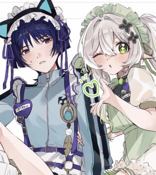 Rule 34 | 1boy, 1girl, animal ear hairband, animal ears, apron, aqua jacket, aqua sleeves, arms at sides, ascot, belt, belt buckle, black hair, black hairband, blowing kiss, blue gem, blunt ends, blush, bright pupils, buckle, cat ears, commentary request, cross-shaped pupils, dress, eyelashes, fake animal ears, feathers, fingernails, frilled apron, frilled dress, frilled hairband, frills, full-length zipper, garter straps, gem, genshin impact, gold buckle, gold trim, green apron, green ascot, green eyes, green gem, green hairband, hair between eyes, hair ornament, hairband, hand on another's arm, hand up, heart, highres, jacket, juliet sleeves, leaf, leaf hair ornament, long hair, long sleeves, looking at viewer, mitsudomoe (shape), nahida (genshin impact), o-ring, o-ring garter straps, one eye closed, onigiri po 0205, open hand, parted lips, pointy ears, pom pom (clothes), puffy sleeves, purple belt, purple eyes, scaramouche (genshin impact), side ponytail, sidelocks, socks, sweatdrop, symbol-shaped pupils, tareme, tomoe (symbol), too many, too many belts, track jacket, tsurime, turtleneck, turtleneck jacket, vision (genshin impact), waist apron, white apron, white background, white dress, white hair, white mouth, white pupils, white sleeves, white socks, wispy bangs, yellow feathers, zipper, zipper pull tab