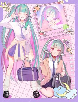 1girl absurdres aqua_hair bag black_choker black_hair blush bow cardigan cardigan_around_waist character_name choker closed_eyes closed_mouth clothes_around_waist cloud colored_inner_hair crescent_moon dated earrings face_piercing finana_ryugu finana_ryugu_(jirai_kei) fins full_body gyaru hair_bow head_fins highres holding holding_bag jewelry kirei767 lip_piercing long_hair looking_at_viewer loose_necktie loose_socks moon multicolored_hair multiple_views necktie nijisanji nijisanji_en photo_(object) piercing pink_hair pleated_skirt purple_eyes scales school_bag school_uniform scrunchie side_ponytail sitting skirt sleeping sleeves_past_wrists smile socks star_(symbol) sticker streaked_hair v very_long_hair virtual_youtuber wariza wrist_scrunchie