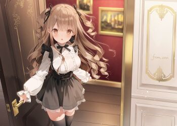 1girl black_ribbon black_skirt black_thighhighs breasts brown_eyes brown_hair chestnut_mouth commentary_request curly_hair hair_ribbon highres indoors long_hair long_sleeves neck_ribbon original parted_lips revision ribbon shirt skirt solo thighhighs weri white_shirt zettai_ryouiki