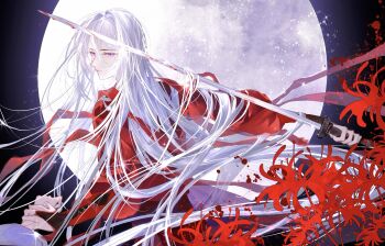 1boy absurdres blood blood_splatter bloody_weapon bridal_gauntlets cael_anselm cael_anselm_(long_night_together) chinese_clothes chinese_commentary closed_mouth expressionless feng_lin_guan flower from_behind full_body hair_between_eyes hair_flowing_over hanfu highres holding holding_another&#039;s_wrist holding_sword holding_weapon jian_(weapon) long_hair long_hair_between_eyes long_sleeves looking_at_viewer looking_back lovebrush_chronicles male_focus night pov pov_hands purple_eyes red_bridal_gauntlets red_flower red_hanfu red_robe reverse_grip robe solo spider_lily standing sword very_long_hair weapon white_hair