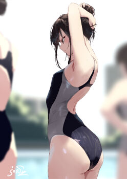 3girls armpits ass blurry blurry_background blush brown_eyes brown_hair closed_mouth commentary_request competition_swimsuit from_behind jonsun multiple_girls one-piece_swimsuit original outdoors pool shiori_(jonsun) signature solo_focus swimsuit