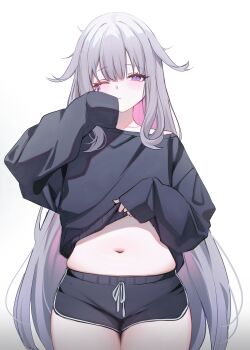 1girl absurdres black_shorts black_sweater center-flap_bangs clothes_lift colored_inner_hair dolphin_shorts double-parted_bangs gem gradient_hair grey_background grey_hair hair_flaps highres holoadvent hololive hololive_english jewel_under_eye koahri koseki_bijou long_hair long_sleeves looking_at_viewer multicolored_hair navel one_eye_closed pink_hair purple_eyes purple_gem short_shorts shorts sidelocks simple_background single_sleeve_past_fingers sleeves_past_wrists solo stomach sweater sweater_lift very_long_hair virtual_youtuber