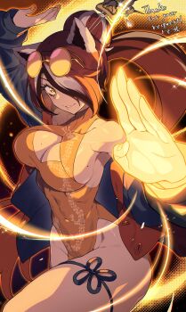 1girl animal_ears black_ribbon breasts brown_hair china_dress chinese_clothes cleavage cleavage_cutout clothing_cutout commentary_request commission cowboy_shot dress energy eyewear_on_head fingernails glowing glowing_hand hair_over_one_eye highres large_breasts leg_ribbon long_hair looking_at_viewer matsumoto_tomoyohi mole mole_on_breast multicolored_hair multiple_moles nail_polish one_eye_covered orange_dress orange_nails original parted_bangs parted_lips ribbon skeb_commission smile solo streaked_hair sunglasses thigh_ribbon yellow_eyes