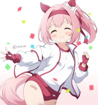 1girl animal_ears bandaid bandaid_on_leg bow buruma commentary_request ear_bow ear_covers fingerless_gloves flower_in_eye gloves haru_urara_(bestest_prize)_(umamusume) haru_urara_(umamusume) headband highres horse_ears horse_girl horse_tail jacket long_hair pink_buruma pink_hair pink_headband ponytail red_buruma red_gloves red_headband rikorisui shirt smile solo symbol_in_eye tail umamusume white_jacket white_shirt