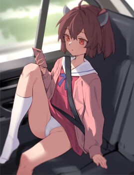 1girl ahoge brown_hair car_interior cardigan cellphone commentary_request dress expressionless flat_chest headgear highres knee_up panties phone red_eyes sailor_dress short_hair sitting smartphone solo touhoku_kiritan underwear variant_set voiceroid white_panties yamamomo_(plank)