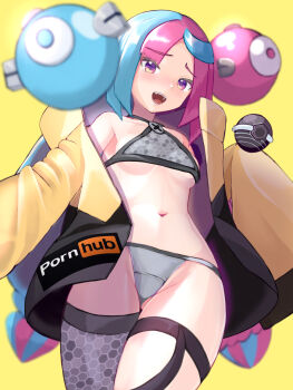 Rule 34 | 1girl, :d, adapted costume, blurry, character hair ornament, commentary request, grey panties, grey thighhighs, hair ornament, highres, iono (pokemon), jacket, konpotsu, long hair, multicolored hair, navel, nintendo, open clothes, open jacket, open mouth, panties, pokemon, pokemon sv, pornhub, purple eyes, single thighhigh, smile, solo, teeth, thigh strap, thighhighs, tongue, two-tone hair, underwear, yellow background, yellow jacket