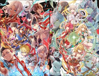5boys 6+girls a_(xenoblade) animal_ear_fluff animal_ears bare_shoulders black_pantyhose blonde_hair blue_eyes blue_vest breasts brown_hair cat_ears cat_girl chakram cleavage cleavage_cutout clothing_cutout commentary_request dress electricity elma_(xenoblade_x) energy_sword fan_la_norne fiora_(xenoblade) fire grey_hair group_picture head_wings high_ponytail highres holding holding_sword holding_weapon in-franchise_crossover jacket jin_(xenoblade) lin_lee_koo long_hair lora_(xenoblade) matthew_(xenoblade) melia_antiqua miniskirt mio_(xenoblade) monado monolith_soft multiple_boys multiple_girls mythra_(xenoblade) na&#039;el_(xenoblade) nia_(xenoblade) noah_(xenoblade) pantyhose pleated_skirt ponytail pyra_(xenoblade) red_eyes red_hair red_jacket red_shorts rex_(xenoblade) scar scar_across_eyebrow scar_on_face short_hair shorts shulk_(xenoblade) skirt sleeveless sleeveless_jacket sword tank_top ui_frara vest weapon white_dress white_jacket white_skirt white_tank_top wings xeno_(series) xenoblade_chronicles_(series) xenoblade_chronicles_1 xenoblade_chronicles_2 xenoblade_chronicles_2:_torna_-_the_golden_country xenoblade_chronicles_3 xenoblade_chronicles_3:_future_redeemed xenoblade_chronicles_x yellow_eyes