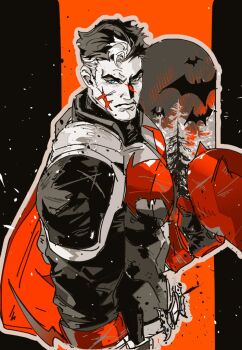 aged_up bat_signal batman batman_(series) batman_symbol belt black_bodysuit black_hair bodysuit cowl dc_comics gloves grey_bodysuit guoba7777 jason_todd male_focus mask multicolored_bodysuit muscular muscular_male red_hood_(dc) red_mask scar scar_on_face short_hair superhero_costume taut_bodysuit two-tone_bodysuit utility_belt