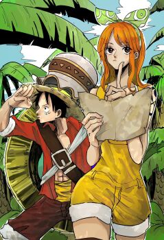 1boy 1girl abs aji_of_aji55 bare_shoulders black_hair blue_sky bow_hairband brown_eyes brown_shorts closed_mouth cloud cloudy_sky collarbone commentary_request cowboy_shot facial_scar fur-trimmed_shorts fur_trim green_hairband hairband hat highres holding holding_map index_finger_raised long_hair looking_to_the_side looking_up map monkey_d._luffy nami_(one_piece) official_alternate_costume one_piece one_piece:_stampede open_clothes open_shirt orange_hair outdoors overall_shorts overalls palm_tree red_shirt sash scar scar_on_cheek scar_on_face shirt shorts shoulder_tattoo sidelocks sky straw_hat tattoo tree yellow_overalls yellow_sash