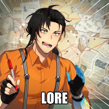 Rule 34 | 1boy, bags under eyes, beard stubble, black hair, blue eyes, blue skin, colored skin, earrings, english text, evidence board, excited, facial hair, fingerless gloves, gloves, hands up, hashtag-only commentary, highres, holding, holding pen, holostars, holostars english, jewelry, josuiji shinri, long hair, low ponytail, male focus, mature male, me explaining to my mom (meme), meme, mono (bluesky), motion lines, notes, open mouth, orange shirt, paper, pen, ponytail, sharpie (brand), shirt, solo, sparkle, stubble, suspenders, tassel, tassel earrings, upper body, virtual youtuber