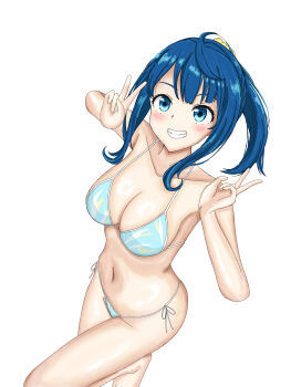 1girl alternate_hairstyle armpit_peek barefoot bikini blue_bikini blue_eyes blue_hair blush breasts double_v feet grin highres large_breasts leg_lift legs make_heroine_ga_oo_sugiru! medium_hair navel ponytail side-tie_bikini_bottom smile solo swimsuit teeth thighs thong_bikini v yanami_anna