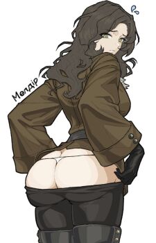 1girl :/ ass belt black_belt black_boots black_gloves black_hair black_pants boots brown_jacket character_name clothes_pull cowboy_shot flying_sweatdrops from_behind furrowed_brow gloves green_eyes jacket jajimalgeol kazakh_text long_hair looking_down military_uniform moldir_(reverse:1999) panties pants pants_pull pulling_own_clothes reverse:1999 t-back thigh_boots turning_head underwear white_panties