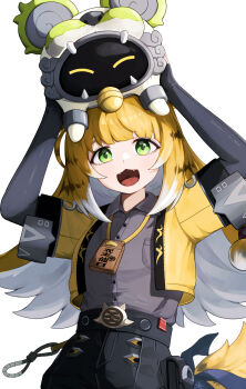 1girl absurdres animal_ear_fluff animal_ears arms_up bangboo_(zenless_zone_zero) belion_(zenless_zone_zero) black_shorts bow colored_inner_hair commentary_request fangs green_eyes grey_shirt high-waist_shorts highres jacket ju_fufu looking_at_viewer multicolored_hair on_head regit_etihw shirt shorts simple_background striped_fur striped_hair tail tail_bow tail_ornament tiger_ears tiger_girl tiger_stripes tiger_tail upper_body white_background yellow_jacket zenless_zone_zero