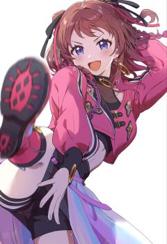 1girl arm_behind_head ayano_yuu_(sonma_1426) black_shirt black_shorts blue_eyes blush boots braid breasts brown_hair commentary cowboy_shot crop_top earrings eyelashes fighting_my_way_(idolmaster) gakuen_idolmaster hair_ribbon half-skirt hanami_saki highres idolmaster jacket jewelry kicking long_hair long_sleeves looking_at_viewer medium_breasts midriff motion_blur open_mouth pink_boots pink_jacket ribbon shirt shorts sidelocks smile solo thighs v-shaped_eyebrows white_background