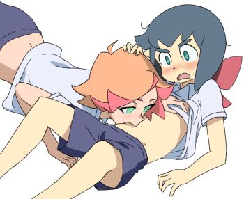 10s 2girls @_@ amanda_o&#039;neill anonymous_artist assisted_exposure belly biting blush bow clothes_lift clothes_pull constanze_amalie_von_braunschbank-albrechtsberger female_focus green_eyes gym_uniform hair_bow hand_on_another&#039;s_head little_witch_academia lying multicolored_hair multiple_girls navel nibbling on_back orange_hair red_bow shirt shirt_lift shirt_pull simple_background sportswear stomach sweatdrop two-tone_hair white_background yuri